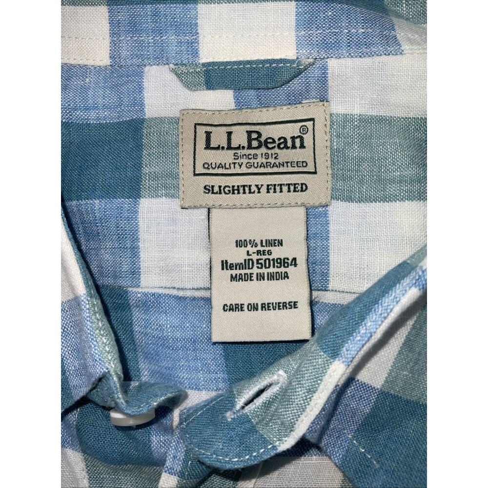 LL Bean Shirt Men Large 100% Linen Windowpane Plaid Button Down Blue - Picture 7 of 11